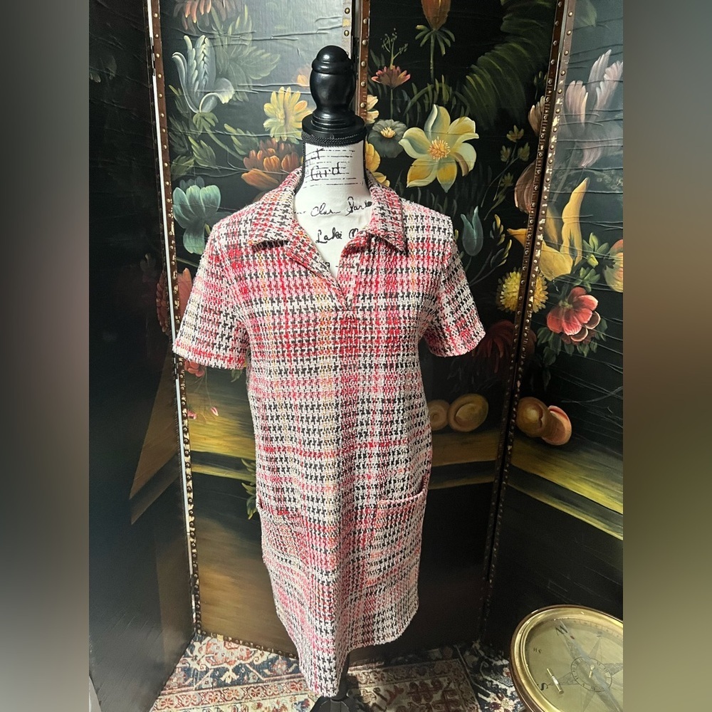 Zara Tweed Dress Pink Mix Cotton Blend Collared Short Sleeve (D4)